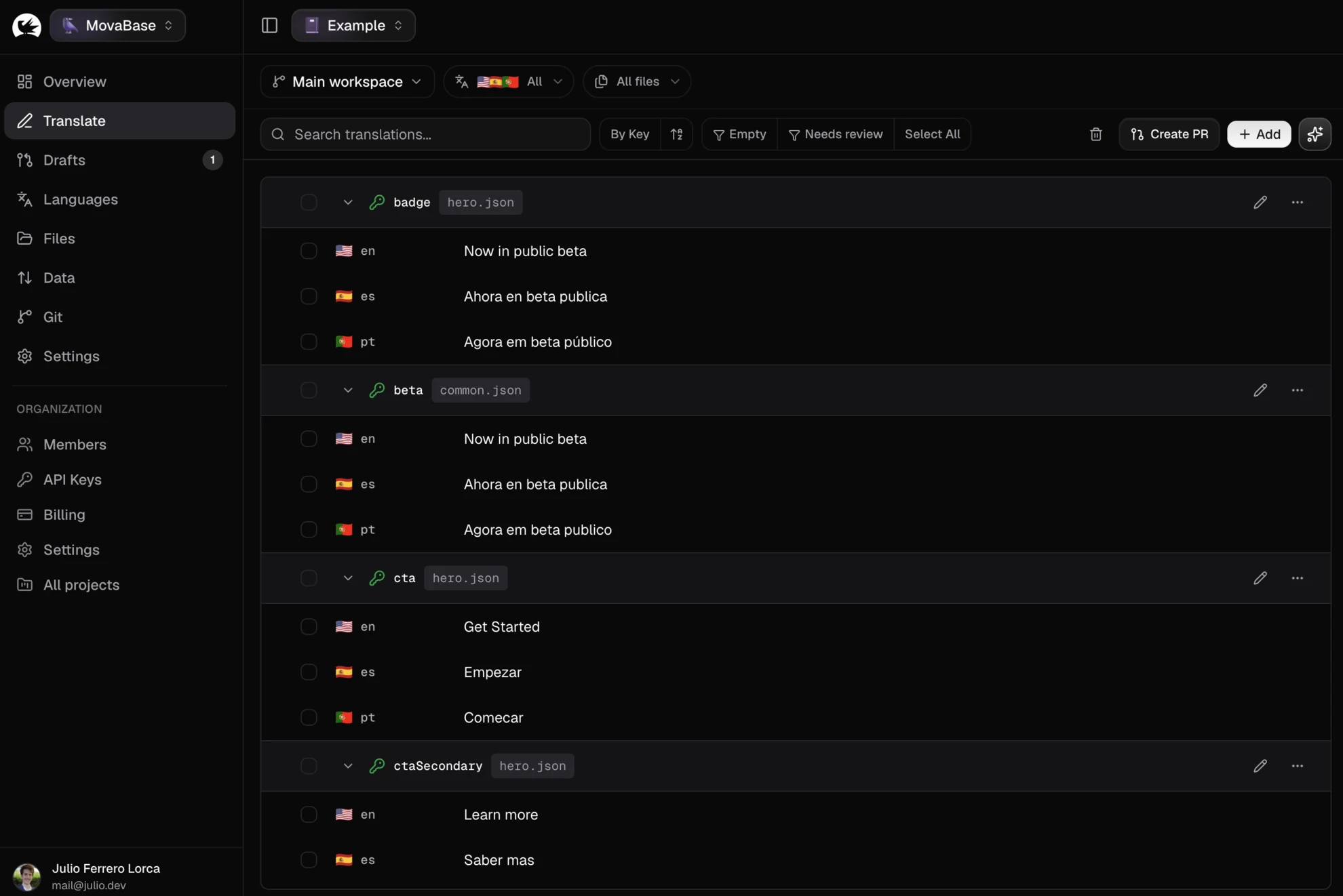 MovaBase translation management dashboard