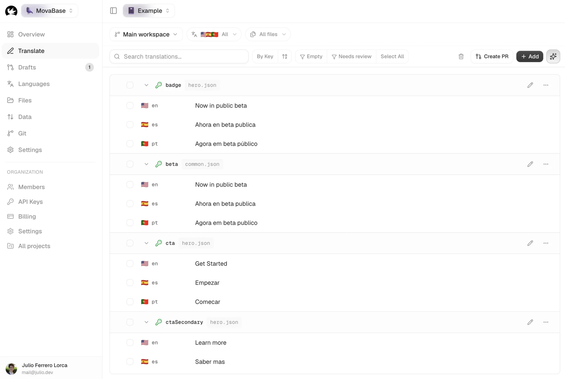 MovaBase translation management dashboard